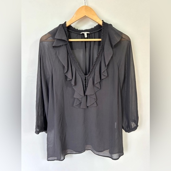 Joie Silk V Neck Ruffle Neckline Womens Blouse Size small grey top shirt - Picture 2 of 6